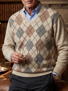 Cottagecore Grandpacore Jos A Bank 1906 Wool Blend Argyle Speckled Sweater XXL